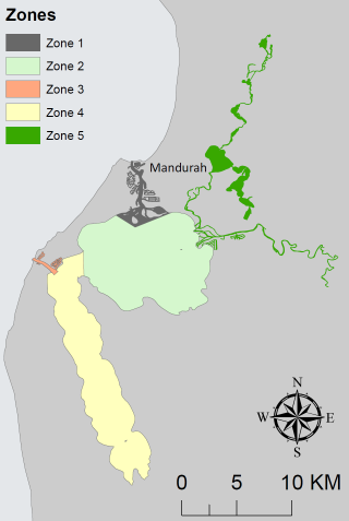 The five Dolphin Watch survey zones in the Mandurah region