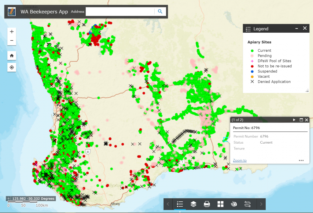 A screenshot of DBCA's Beekeepers App displaying apiary sites