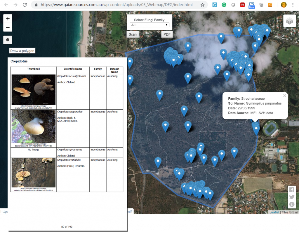 Map showing the fungi known to occur in Bold PArk, Perth and corresponding PDF field guide of the park.