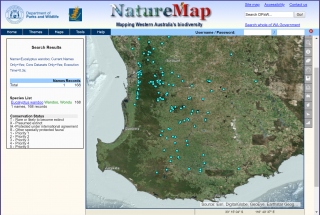 NatureMap's spatial data view for Eucalypytus wandoo records